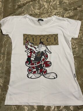 Gucci White Tee with Red & Black Snake Cartoon Graphic